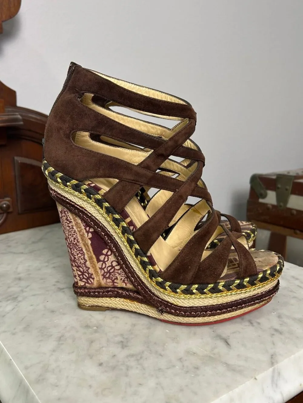 Christian Louboutin Tosca 140 Brown Suede Tie-Dye Wedge size 36